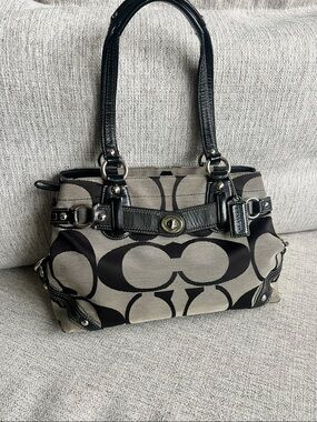 Coach Khaki & Black Signature Canvas Shoulder Bag
